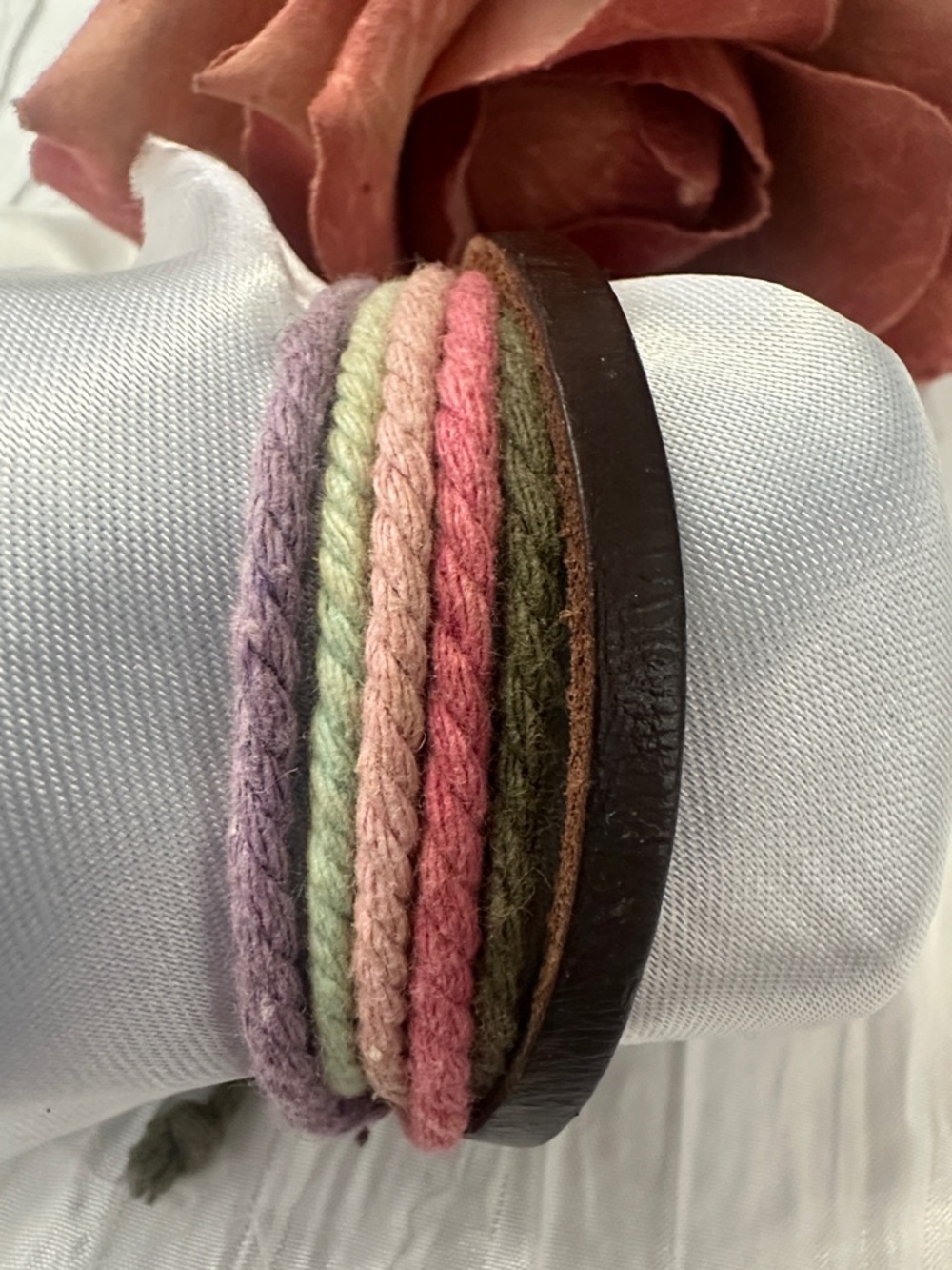 Boho Multistrand Pastel Rope & Leather Bracelet - Pink, Green, Purple